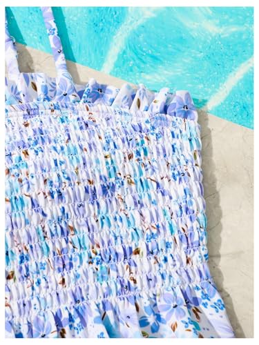 OYOANGLE Girl's Boho Ditsy Floral Print Swimsuits Two Piece Smocked Bikini Set Ruffle Swimwear3