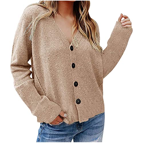 Fall Women Casual V-Neck Cardigan Long Sleeve Button Down Shirt Solid Color Loose Fit Knit Tops Lightweight Sweater Khaki
