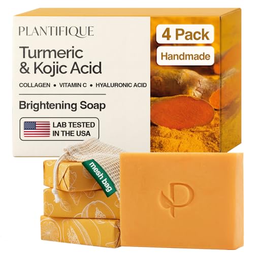 PLANTIFIQUE Kojic Acid & Turmeric Soap Lab Tested 4 Bars with Mesh Bag for Dark Spots & Hyperpigmentation Face Wash with Vitamin C Hyaluronic Acid & Collagen 320 g