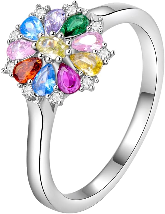 Flower Rings for Women 925 Sterling Silver Colored Gemstone Floral Rings for Mother Wife Her