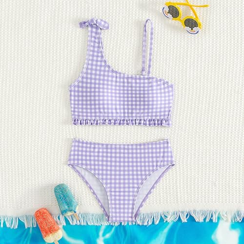 Girls 2 Piece Swimsuit Kids Cute Knotted One Shoulder Ruffle Plaid Bikini Sets Bathing Suit Beach Summer Swimwear2