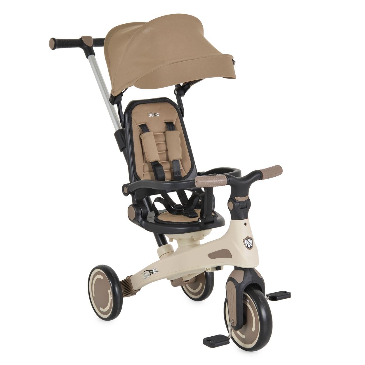 Dreirad, Tricycle Juno 4 in 1 Laufrad Schiebegriff Sitzdrehung Sonnendach beige