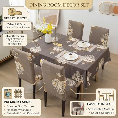 Image of Styleys Dining Chair Cover with Table Covers for Kitchen Waterproof Dining Table Cloth (1 Table Cover + 4 Chair Cover, Beige Brocade, CTSD3127)