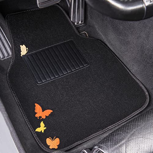 Car Pass Universal Flying Butterflies Colorful Embroidery With Heel Pad-Waterproof-Anti Slip Nibs,Car Floor Mats For Women Cute Girly,Fit Automotive,Suvs,Sedan,Vans(Black Orange Yellow Unique Color) #TOP2