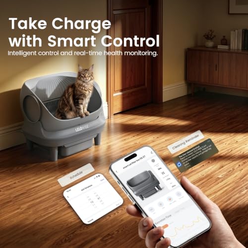 Image of Self Cleaning Litter Box, Open Top 105L Automatic Litter Box for Multiple Cats, App Control, Safety Sensor, Anti-Pinch, Includes Mat & Liner - Gray