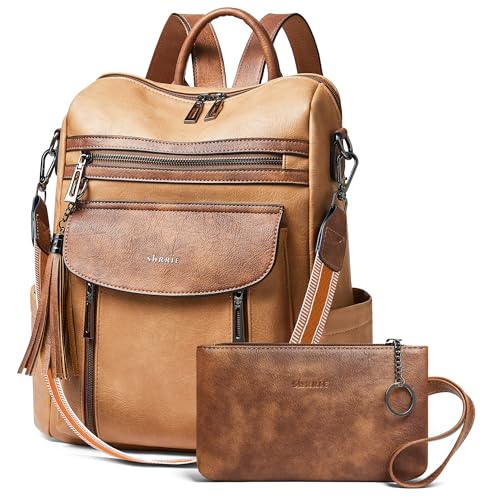 Shrrie Mochila feminina moderna de couro, mochila de designer de viagem, bolsa de ombro conversível, 2-6 camelo com marrom, 12.5 x 5 x 13 inches