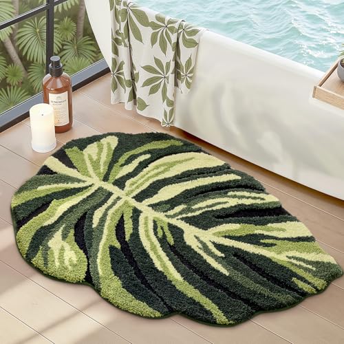 LUMI Cute Bathroom Rugs with Green Leaf Plant Soft Fluffy Plush Absorbent Quick Dry Non Slip Machine Washable for Shower Floor Bathroom Bedroom Kids Room 24x32 Dark Monstera