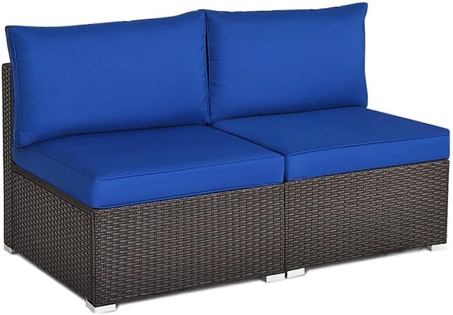 Pemberly Row 2-Pc Rattan Patio Armless Sofa Furniture Set, Weather-Resistant PE Rattan, Navy Cushions, Modular Design with Aluminum Feet, Durable Steel Frame, Outdoor Use for Patio, Garden, Balcony