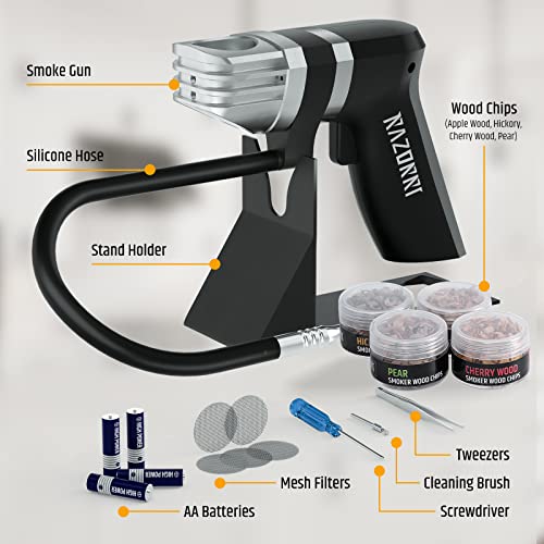 Razorri Smoking Gun Smoke Infuser - Includes 4 Wood Chips, Stand Holder, Hose - Handheld & Countertop Electric Smoker Machine For Classy Smoke, Infused Cocktails, Wine, Cheese, Meats & More #TOP1