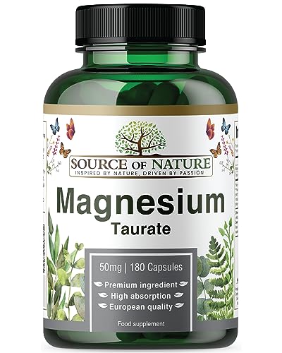 Source of Nature | Magnesium Taurat 625mg | 180 Kapseln | 45-Tage-Vorrat | 50mg elementar | Hohe Qualität | Hohe Bioverfügbarkeit | Magenschonend | Laborgeprüft