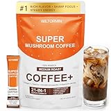 Mushroom Coffee with 9 Adaptogenic Mushrooms, Collagen, Lion’s Mane, KSM-66 Ashwagandha & L-Theanine, Smooth Low-Acidity Instant Coffee for Focus Energy Digestion Immunity, No Bitter Taste, 30 Sticks