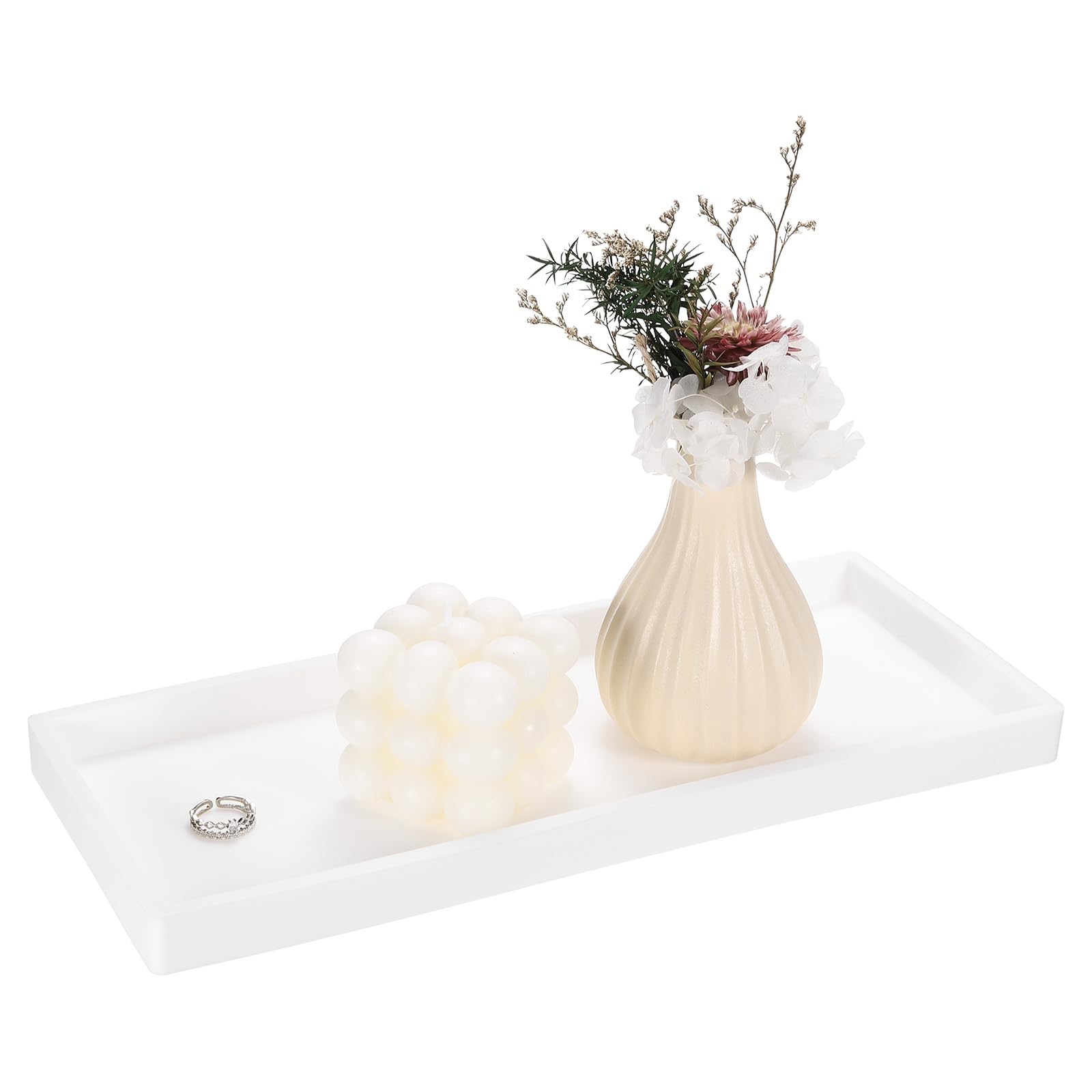 sourcing map Silicone Bathroom Tray, 11.8" x 4.9" Rectangular Vanity Tray for Dresser Top, Toilet, Small Tray for Soap Dispenser Lotion Bottles Perfume Jewelry Candle, White