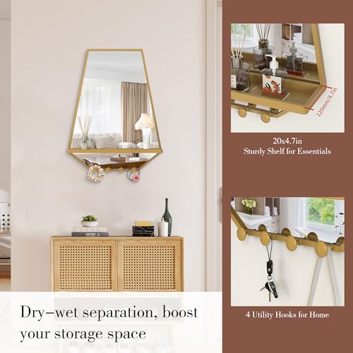 Image of BEAUTME 26x20 inch Bathroom Mirror with Shelf, Irregular Hexagonal Metal Wall Mirrors with Hooks, Bathroom Vanity Mirror Farmhouse, Wall Mounted Mirror Decor for Living Room Bedroom Entryway (Gold)