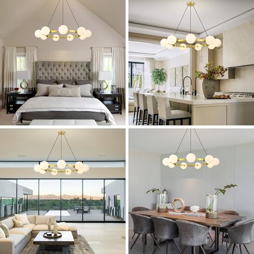 ABEAJAT 9-Light Brass Sputnik Chandeliers, White Globe Ceiling Light Fixture Over Table, Mid Century Large Gold Wagon Wheel Chandelier for High Ceiling Living Room Kitchen Island Foyer by ABEAJAT - Used condition - Image 6