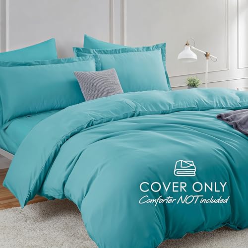 Image of Hearth & Harbor Teal Duvet Cover with Fitted Sheet Queen Size | 4 Piece Soft Double Brushed Bedding Set, Button Closure, 1 Duvet Cover 90x90 Inches, 1 Fitted Sheet, 2 Pillow Shams