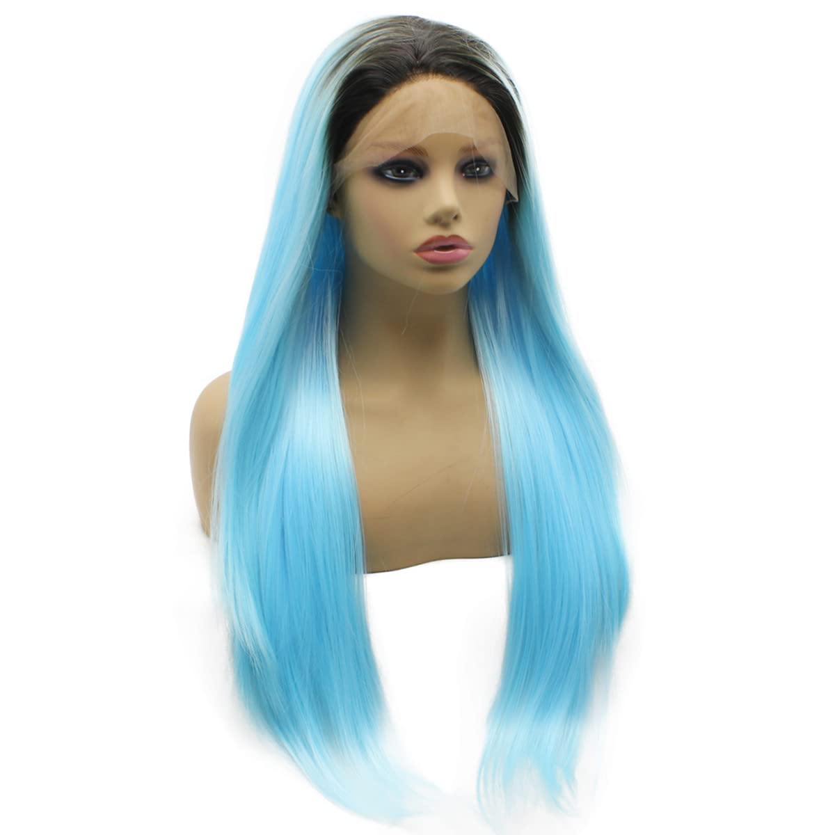 Iwona Long Straight Dark Roots Light Blue Ombre Synthetic Lace Front Wig Heat Resistant Fiber
