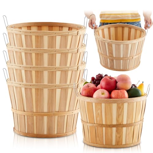 Marsui 4 Pcs Jumbo Half Bushel Baskets 14 x 9.5 Inch Large Round Wooden Apple Basket with Handles Handcrafted Produce for Farmers Market Harvest Fruit Plants or Commercial Use