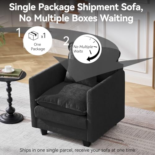 Image of 30'' Cloud Single Couch, Cloud Sofa with Throw Pillow, Modern 1 Seater Reading Chair with Deep Seat, Accent Chairs for Living Room, Bedroom, Small Apartment, Black
