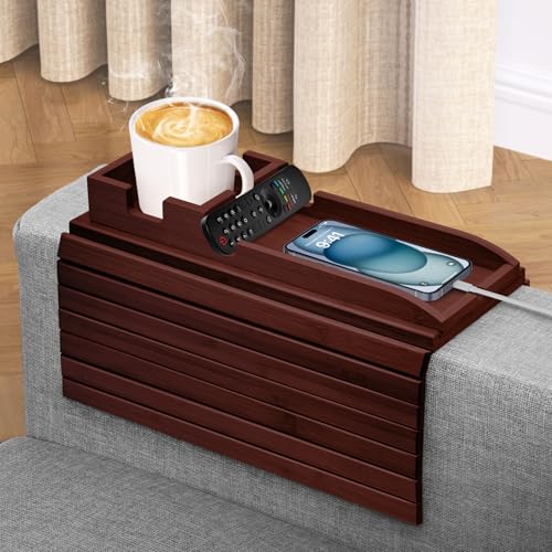 Image of FUNKYLEE Bamboo Couch Armrest Table, Couch Arm Tray with Removable Couch Cup Holder, 2 in 1 Design Foldable Anti-Slip Bamboo Sofa Arm Tray for Remote Controls, Phones, Cups and Snacks (Brown)