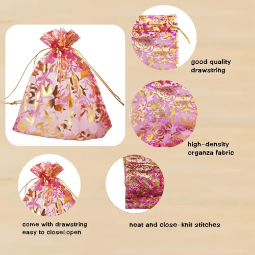 Image of 100 pcs 3.5 x 4.7 Inch Flower Heart Organza Jewelry Gift Pouch Candy Pouch Drawstring Wedding Favor Bags X92 (fuchsia gold flower)