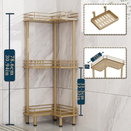 Image of Consumest Corner Shower Caddy Standing - 3-Tier Stainless Steel Shower Organizer with Soap Holder and 4 Hooks, Large Capacity Corner Shelf Stand for Bathroom, Rest Room, Gold