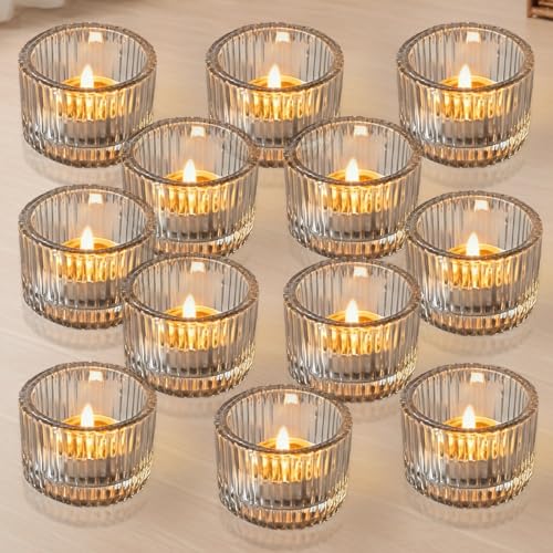 Spetsbst 12 Stück Teelichthalter, Teelichtgläser Klare Kerzenhalter Glas Verdickt Kerzenhalter, 5.3 x 3.4 cm Kerzengläser Teelichthalter für Home und Hochzeit Decoration Tischdeko