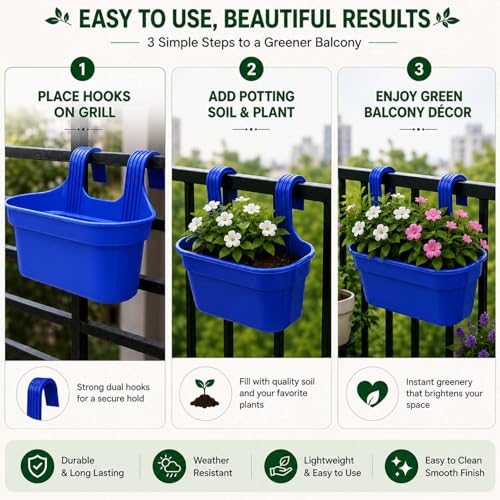 Image of Go Hooked 12 Inch Plastic Railing Hanging Planter Pot Set of 10 | Rectangular Flower Pots with Double Hook for Garden Fence Balcony Indoor Outdoor Home Decor | Durable Plant Container (Blue)