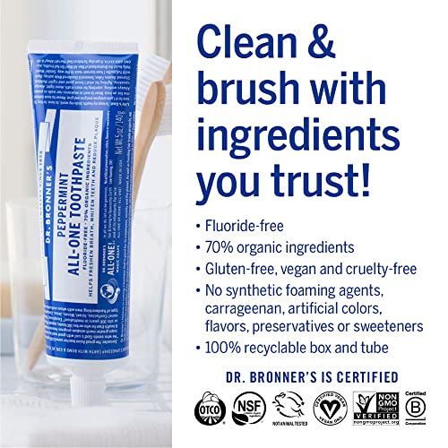 Image of Dr. Bronner's All-One Toothpaste- Peppermint & Spearmint, 5 oz, 2-Pack- Fluoride-Free Toothpaste for Adults, 70% Organic & Natural Ingredients, Vegan, Helps Freshen Breath, Reduce Plaque, Whiten Teeth