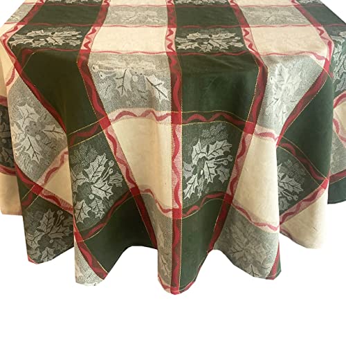Lintex Golden Mistletoe And Ribbon Cotton Jacquard Christmas Fabric Tablecloth, Evergreen, Red Ribbon And Berry Woven Holiday And Xmas Easy Care Cotton Weave Tablecloth, 60” X 84” Oval #TOP19