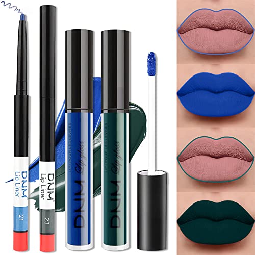 2 Colors Liquid Matte Lipstick And Lipliner Set, Blue Green Lip Tint 24 Hour Waterproof Velvet Nonstick Cup Lipgloss Lip Stain Pigmented Lip Makeup Gift Sets For Girls And Women Labiales21&23 #TOP30