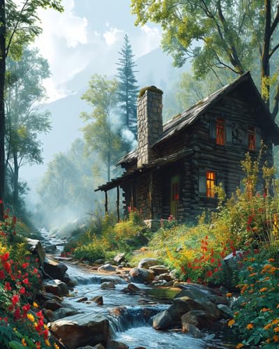 Stamped Cross Stitch Kits, Log Cabin in Tranquil Woods, Needlepoint Counted Cross Kits for Beginners, Embroidery Kits Arts Home Decor(11CT No Frame,16x20 inch)