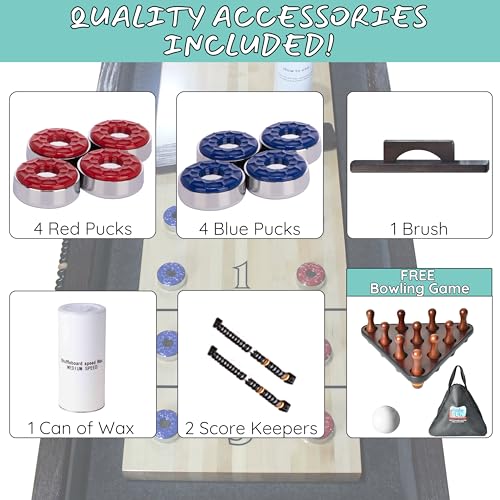 12 FT Shuffleboard Table Multi Game Solid Wood Game Tables for Game Room Includes Bowling Pin Set & More. Comes in 2 6\' Pieces Goes Around Stairs & Hallways