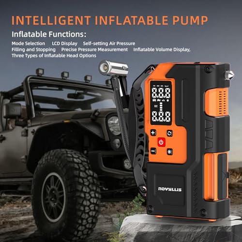 Jump Starter with Air Compressor 4000A Portable Battery Pack 10000mAh Power Bank Emergency SOS LED Light 22-Cylinder 150PSI Cordless AutoShutoff Tire Inflator Window Breaker