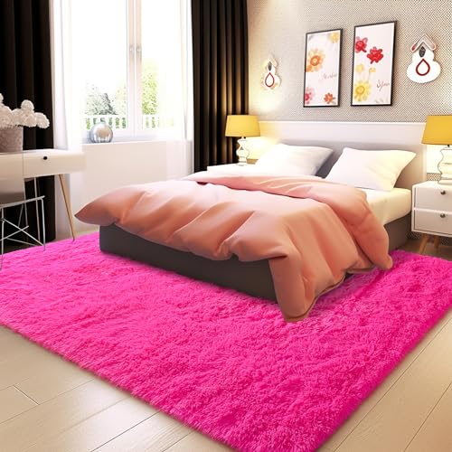 Fluffy Rug Non Slip 5x7 Feet, Hot Pink Living Room Rug Modern, Super Soft Shag Plush Large Carpets for Bedroom