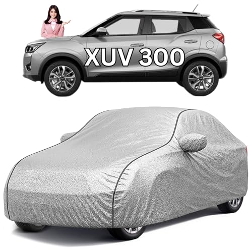 Image of Avecrew 100% Waterproof Car Cover for Mahindra XUV 300 All Model Mirror & Antenna Pocket Triple Stitched, Dustproof Full Body Protection (Heat & UV Resistant,Silver)