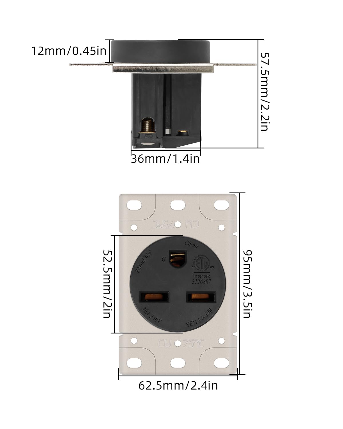 NEMA 6-30R Power Outlet,250V Flush Mounting Power Receptacle,30 Amps Straight Blade Power Socket,Grounding，2 Pole 3 Wire,ETL Listed(1 Pack)