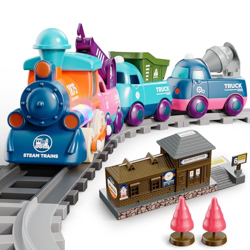 Lipneaed Train Set for Toddlers, Magnetic Train Toys for Toddlers 3+, 4pcs Trucks Toy Train for Boys and Girls, Birthday Christmas Toy Gifts for 3 4 5 6 7 8 Years Old