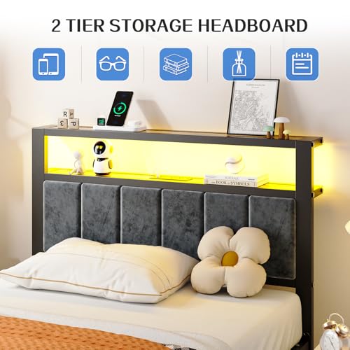 Image of Liians Twin Size Platform Bed Frame with LED Lights, Grey Upholstered Headboard with 2-Tier Storage Shelves, Charging Station, Noise Free, No Box Spring Needed, Easy Assemably