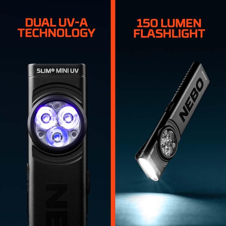 Image of NEBO Slim Mini UV Flashlight | 150 Lumens, 4 Light Modes, Rechargeable & Portable Ultraviolet Light, Magnetic Base & Durable Clip, Waterproof, Detector Pocket Flashlight, Includes Charging Cable