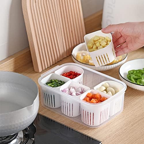 HanOBC Fridge Food Storage Containers with Lids Airtight Refrigerator Food Fresh Box with 6 Pcs Detachable Drain Basket Vegetables Sealed Keeper for Ginger Garlic Onion