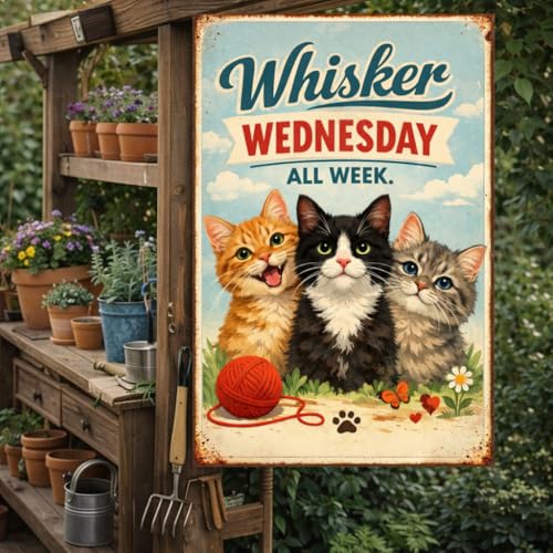Whisker Wednesday All Week Vintage Tin Sign Funny Cat Wall Decor Retro Kitten Illustration Metal Plaque Cute Animal Art Home Office Wall 8x12 Inch Pre Drilled Holes - Image 4