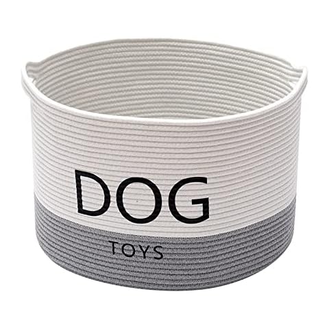 Morezi Durable rope round dog toy basket with handle, large dog bin - Perfect for organizing pet toys, blankets, leashes - WhiteGray Cover