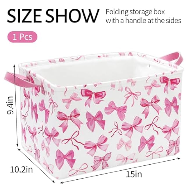 2Pcs Bow Rectangle Storage Basket 15 x 10.2 x 9.4 Inch Pink Bowknot Foldable Open Toy Organizer Bag with Handle Coquette Large Laundry Dirty Cloth Storage Bin for Bedroom Shelves Closet
