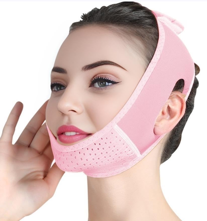 Double Chin Reducer, Double Chin Eliminator V Line Lifting Mask with Chin Strap for Double Chin for Women -Face Lift (Pink)