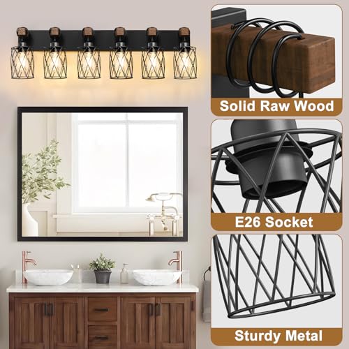 Image of IZORRO Farmhouse Bathroom Vanity Light, 6-Light Wood Bathroom Light Fixtures Over Mirror, Black Industrial Vanity Lights with Metal Shade, Rustic Restroom Lighting Fixtures