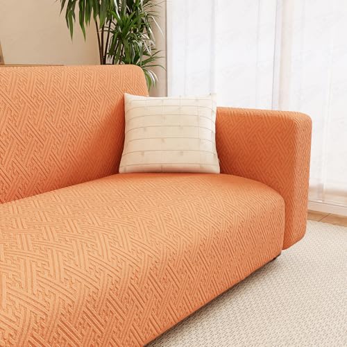 Image of Lukzer 3 Seater Pastel Orange Grid Maze Pattern Sofa Cover | 240 GSM Universal Stretch Fit Jacquard Fabric Couch Protector | Fully Covered Anti Slip & Washable Sofa Cover (180-230cm /SC-106-03)