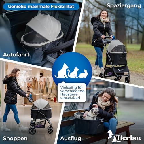 Tierbox Hundebuggy bis 10kg Hundewagen für kleine Hunde klappbar mit QuickFold, Katzenwagen in Grau