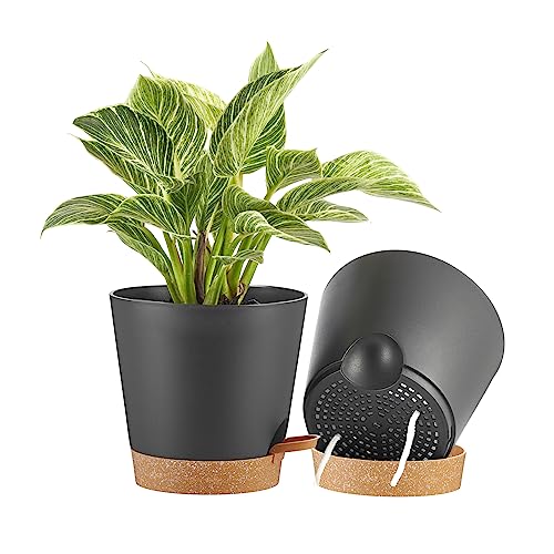 FaithLand 2-Pack 8 Inch Planter Pots for Indoor Outdoor Plants, Self Watering Flower Pots with Deep Reservoir, Black with Terracotta …