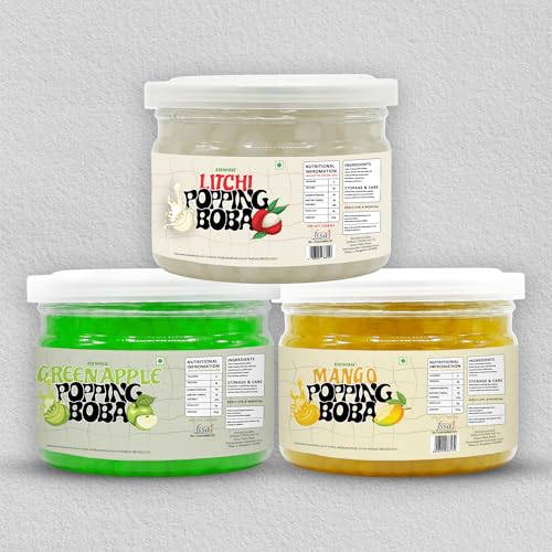Image of Zawaa Foods Assorted Popping Boba Pearls (Green Apple, Mango, Litchi) | 100g Each (Pack of 3) | Bursting Fruit Boba for Bubble Tea, Milkshakes, Ice Cream & Desserts