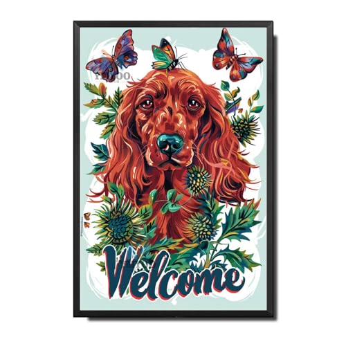 Ymyoo Decorative Tin Sign Vibrant Irish Setter Welcome with Irish Thistle for Home Entries Irish Setter Enthusiast Areas Easy Install Corrosion Resistant Aluminum 12×16 Inches with Metal Frame